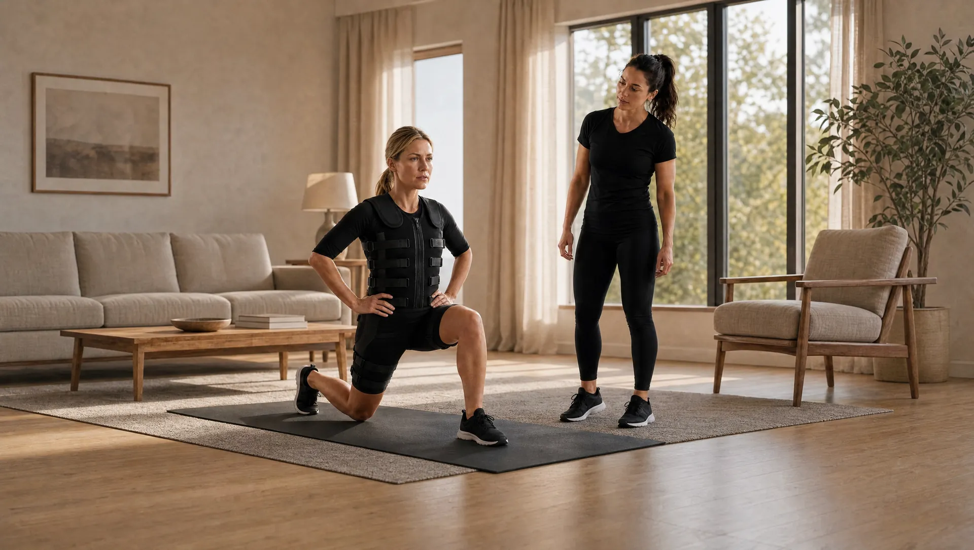 A client doing forward lunges at home in an EMS suit while her trainer watches