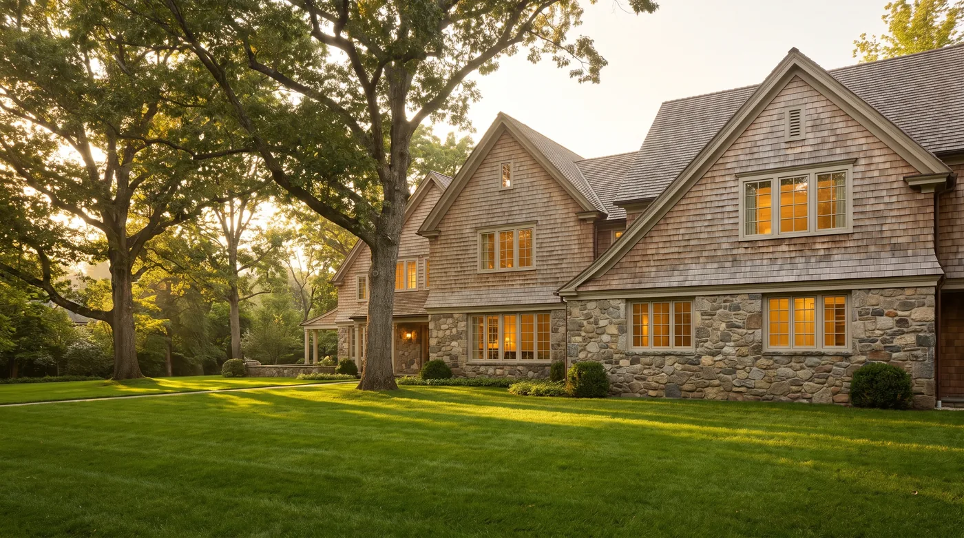 An elegant Westchester home in warm late-afternoon light